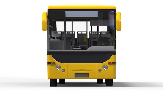 Ônibus amarelo urbano pequeno em uma superfície branca