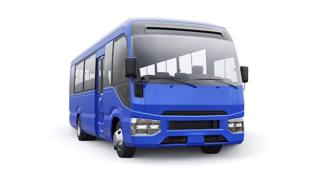 Ônibus azul pequeno para viagem carro com corpo vazio para ilustração 3d de design e publicidade