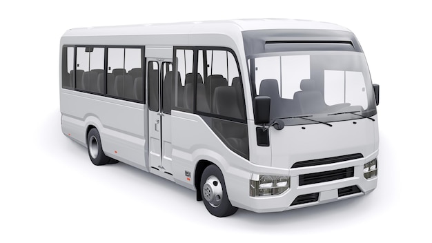 Foto Ônibus branco pequeno para urbano e suburbano para viagens carro com corpo vazio para design e publicidade