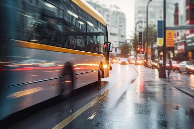 Ônibus da cidade acelerando em uma rua urbana chuvosa