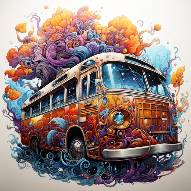 ônibus de cores brilhantes com um monte de redemoinhos e bolhas saindo dele generativo ai