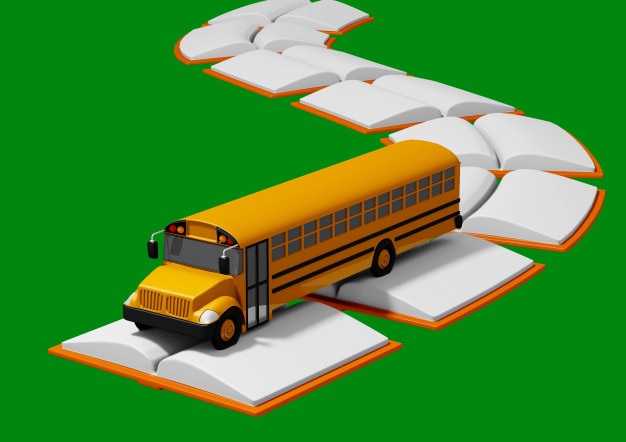 Ônibus escolar viajando ao longo da estrada construída de livros. Volta ao conceito de escola