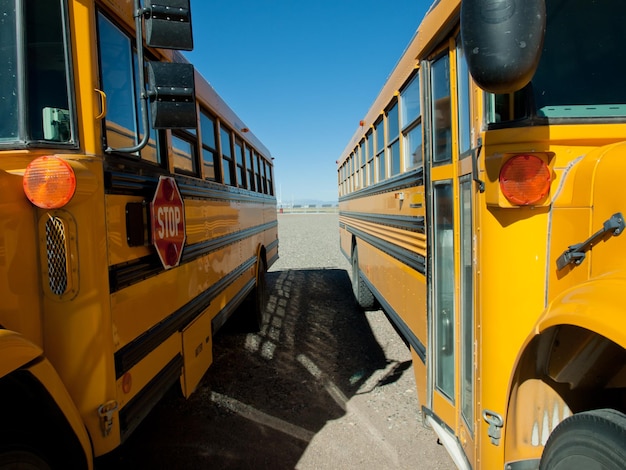 Ônibus escolares estacionados perto da escola.