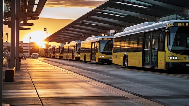 Foto Ônibus estacionados em fila em um centro de trânsito adequado para publicações de planejamento urbano, relatórios de infraestrutura de transporte e guias de viagem, fotografia comercial