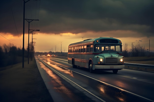 Foto Ônibus na rodovia ao pôr-do-sol conceito de viagem e transporte