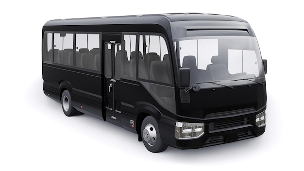 Ônibus pequeno preto para carro de viagem com corpo vazio para ilustração 3d de design e publicidade