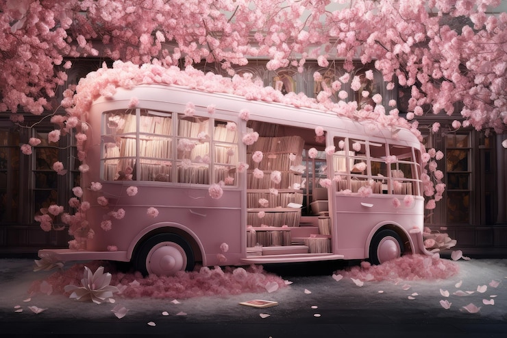 Foto ônibus rosa vintage com flores de cerejeira e pétalas de ônibus estilo biblioteca decoração com flores rosas flores de cherry biblioteca