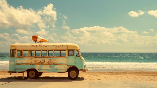 Foto Ônibus vintage em uma praia ensolarada