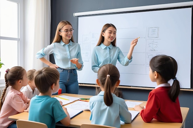 Online-Bildung virtuelle Klasse Telekonferenz Kinder bleiben zu Hause beobachten weibliche Lehrer mit Buch Punkte zu flipchart