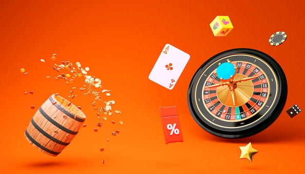 Online-Casino 3D realistisches Roulette-Rad auf orangefarbenem Hintergrund Holzfass mit fliegenden Münzen