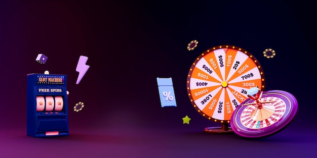 Online-Casino 3D realistisches Roulette-Rad und Spielautomat auf Neonhintergrund 777 Big-Win-Konzept