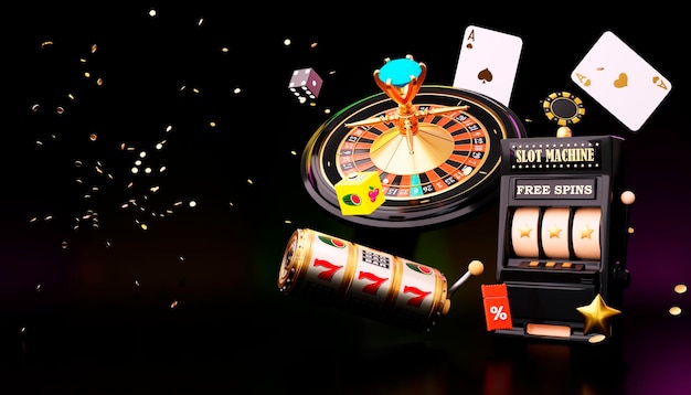Online-Casino 3D realistisches Roulette-Rad und Spielautomat auf schwarzem Hintergrund 777 Big-Win-Konzept