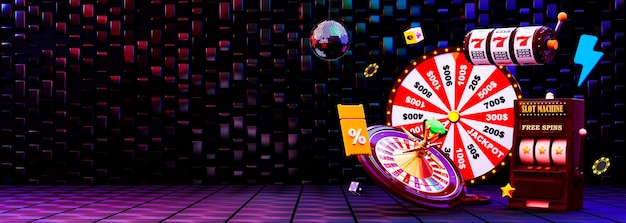 Online-Casino 3D realistisches Rouletterad und Spielautomat auf Schwarz mit Neonhintergrund 777 Großer Gewinn