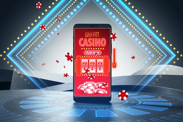 Online-Casino-App auf Smartphone mit 3D-Neonlichtelementen und schwimmenden Spielchips Technologie und Spielkonzept 3D-Rendering