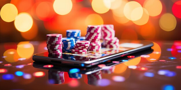 Foto online-casino-banner smartphone mit spielscheiben auf dem tisch auf verschwommenem neon-hintergrund mit bokeh-effekt internet-glücksspielkonzept