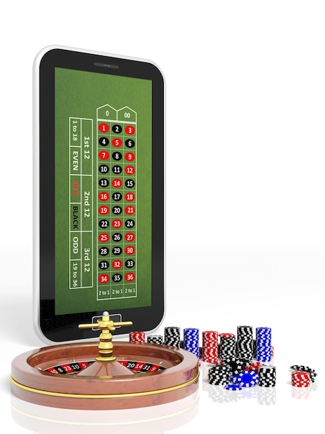 Online-Casino-Konzept mit Tablet-Roulette und Chips isoliert