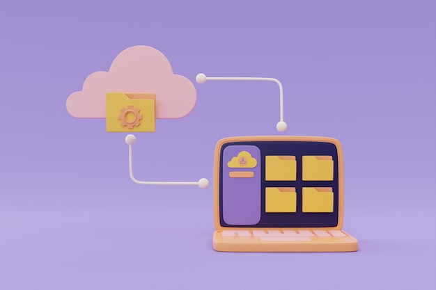 Online-Datenspeicherung für das Geschäftsnetzwerkkonzept zum Hochladen von Dokumentdateidaten und Informationen zur Cloud-Computing-Technologie mit Computer-Laptop-3D-Rendering