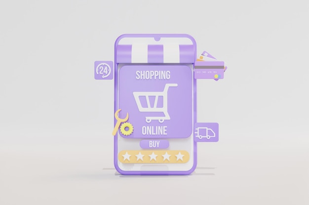 Online einkaufen. Online-Shop für mobile Anwendungen. Shop-Konzept für digitales Marketing. 3D-Rendering