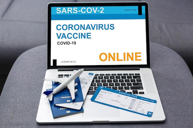 Online-Gesundheitstermin, Buchung oder Reservierung von Coronavirus- oder Covid-19-Impfstoffen im Konzept der Gesundheitsversorgung auf sozialer Distanz bei Quarantäne-Menschen zu Hause mit Laptop-Computer.