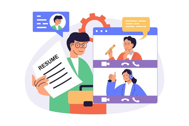 Online-Job-Interview-Web-Konzept mit flachen Cartoon-Leuten für Website-Design Mann präsentiert seinen Lebenslauf spricht HR-Agentur-Team durch Videoanrufe neue Arbeit aus der Ferne im Unternehmen Vektor-Illustration