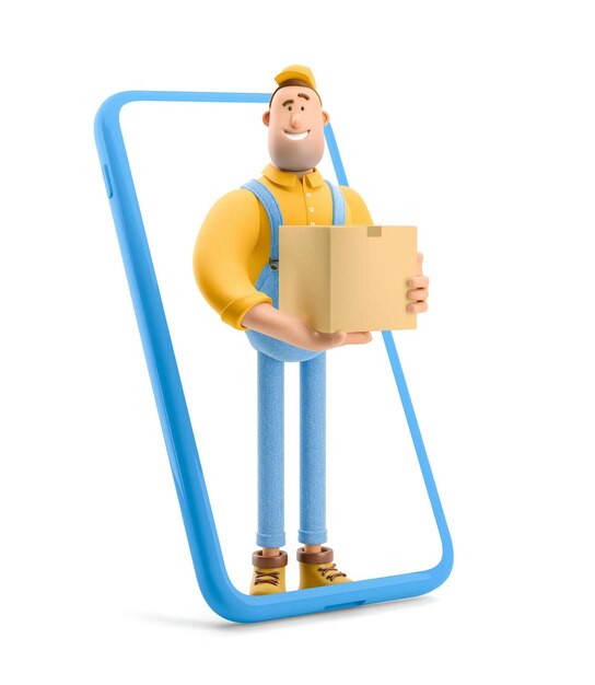 Online-Lieferkonzept. Lieferbote in Overalls steht im Telefon und hält eine Schachtel mit einem Paket in der Hand. 3D-Illustration Zeichentrickfigur