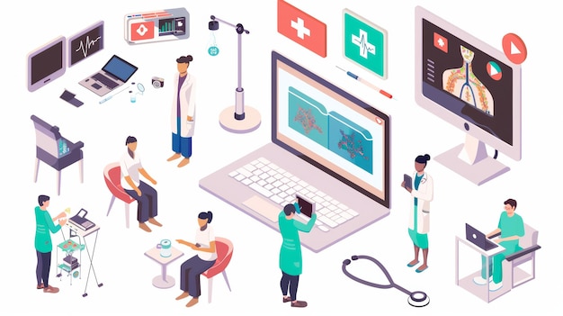 Online-Medizin-Elemente mit Patienten, die eine Videokonferenz erhalten 3D-isometrische isolierte Illustra
