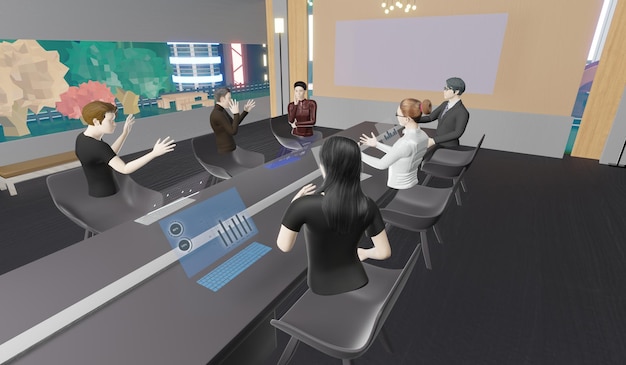 Online-Meetings in Metaverse-Arbeitsräumen und -Klassenzimmern in den Menschen-Avataren der Metaverse-Welt