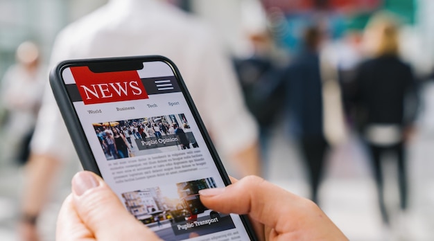 Online-Nachrichten auf einem Mobiltelefon. Nahaufnahme einer Geschäftsfrau, die Nachrichten oder Artikel in einer Smartphone-Bildschirmanwendung liest. Hand, die intelligentes Gerät hält. Mockup-Website. Zeitung und Portal im Internet.