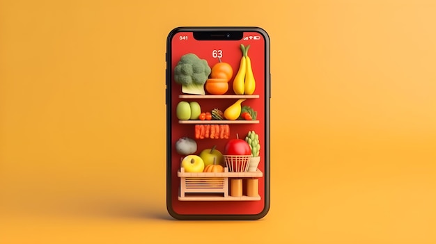 Online-Obstladen auf dem Handy mit gelbem Hintergrund