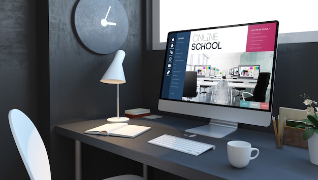 Online-Schule am Computer-Desktop in Marineblau 3D-Rendering