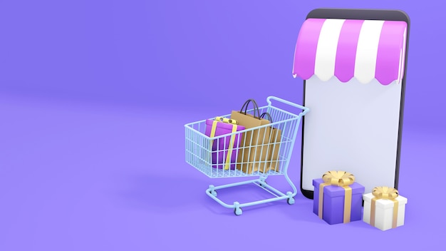 Online-Shopping auf Handy in lila Hintergrund. 3D-Illustration, 3D-Rendering