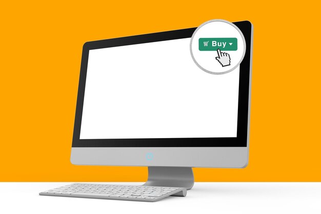 Foto online shopping concept computador de mesa moderno com lupa e botão de compra na tela renderização 3d