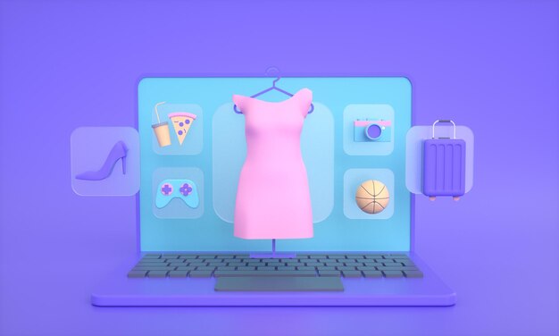 Online-Shopping-E-Commerce und digitales Marketing-Geschäft auf dem 3D-Hintergrund des Laptop-Bildschirms