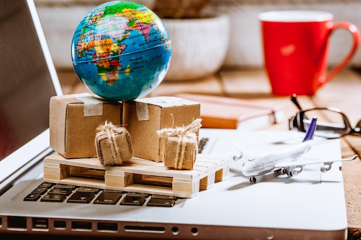 Foto online-shopping handel mit produkten und weltkugeln für den transport