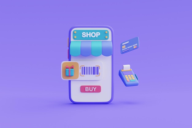 Online-Shopping-Konzept auf 3D-Smartphone mit Kreditkarte, digitale Marketingförderung, Online-Zahlung. 3D-Rendering-Illustration.