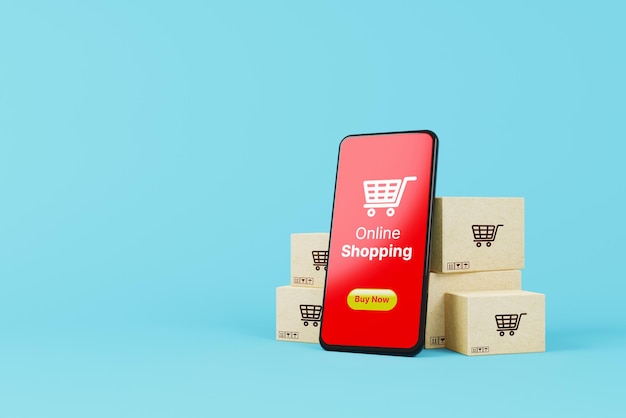 Online-Shopping-Konzept Web- oder mobile Anwendung E-Commerce Smartphone und Papierbox auf blauem Hintergrund 3D-Rendering