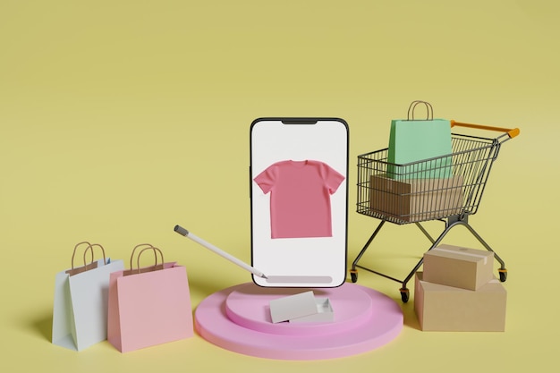 Online-Shopping- und Handelskonzept und Online-Shopping-Hintergrund 3D-Rendering