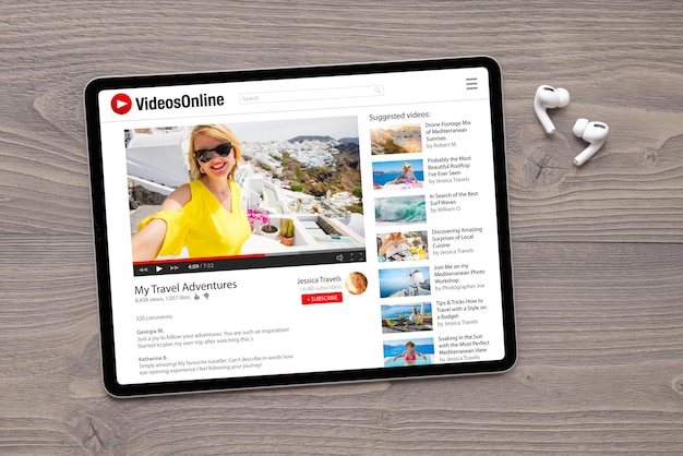 Online-Video-Website auf dem Bildschirm des Tablets mit drahtlosen Kopfhörern auf dem Tisch