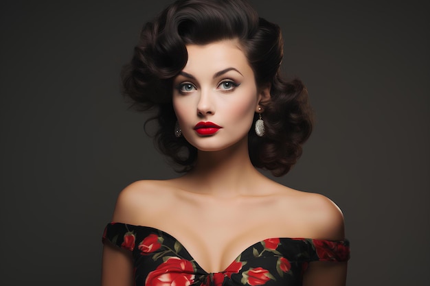 Foto ooo estilo pin up, bela mulher morena com cabelo vintage e lindos lábios vermelhos