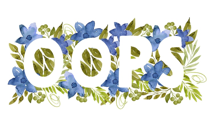 Foto oops-schriftzug mit aquarellblumen und botanischer illustration der blätter