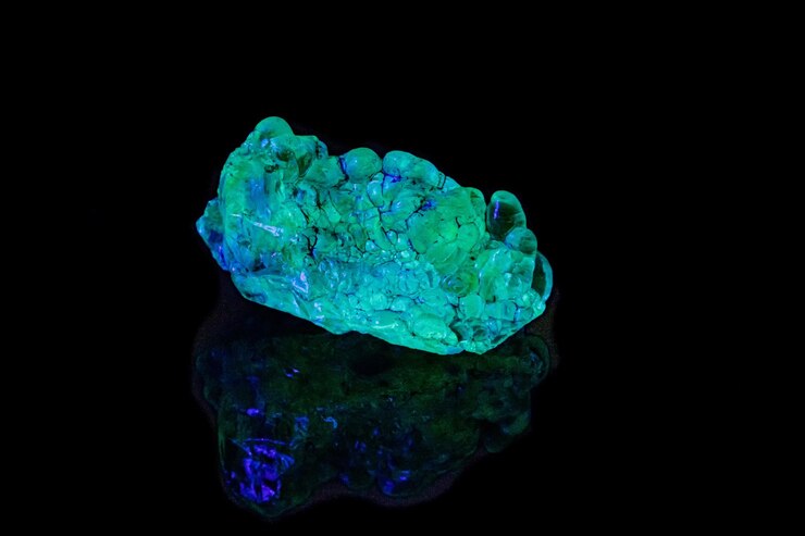 Foto opala de pedra mineral macro sob luz ultravioleta em um fundo preto