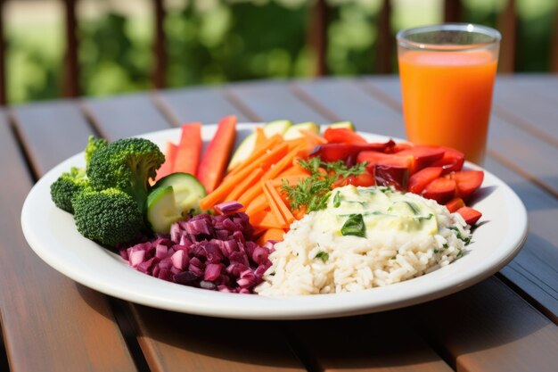 Opción de comida sin lácteos con frutas, verduras y arroz.