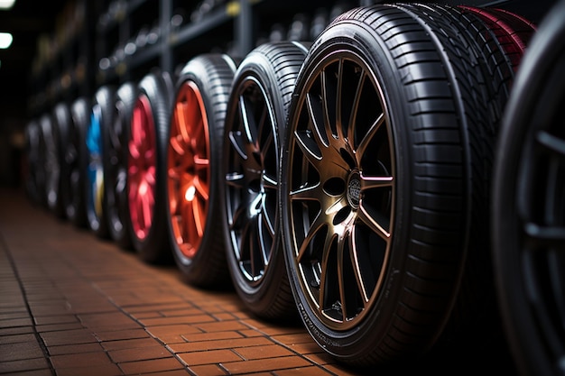 Opções de roda Closeup de vários pneus de carro em exibição no ambiente de loja