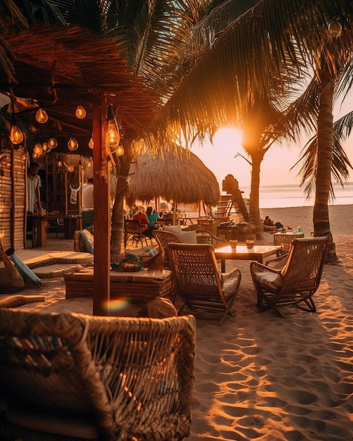 Open-Air-Veranstaltungsort am Meer mit Liegestühlen und Palmen