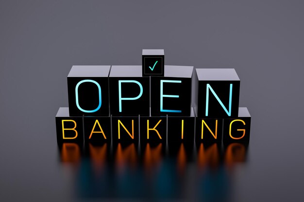 OPEN BANKING Neontext auf Würfeln OPEN BANKING Finanzkonzept Eröffnung eines Kontos Einlagenkreditgeschichte 3D-Rendering