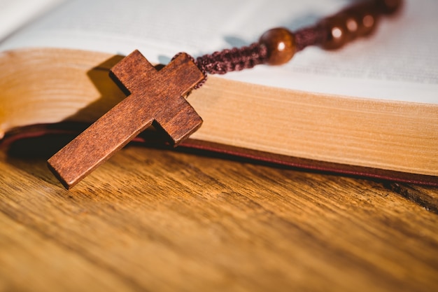 Open bible with rosary beads