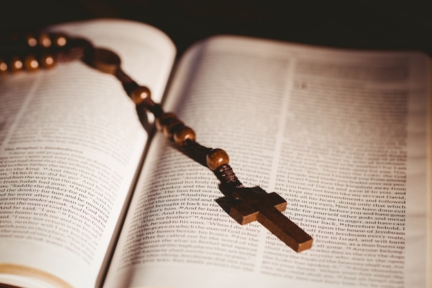 Open bible with rosary beads