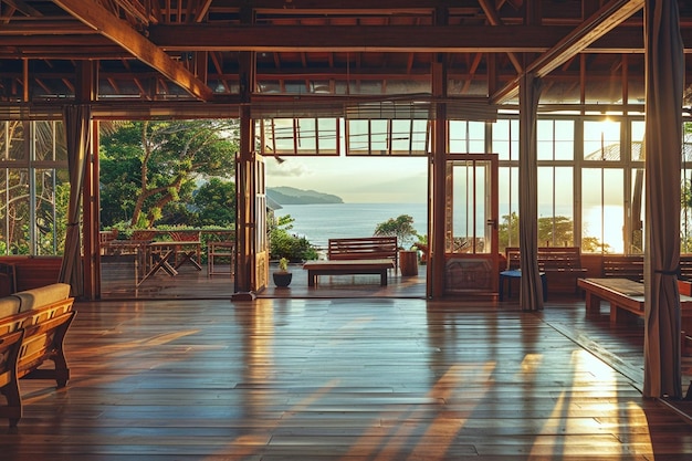 Open-Ecolodge-Hotelzimmer mit Blick auf den Ozean bei Sonnenaufgang