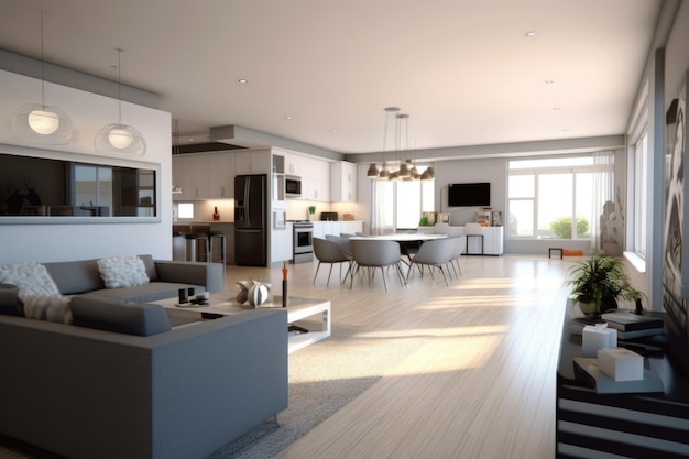 Openconcept d renderte Wohnraum mit minimaler Einrichtung, erstellt mit generativer AI