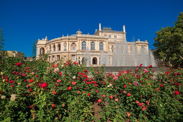 Foto Ópera com jardim de rosas em primeiro plano em odessa, ucrânia